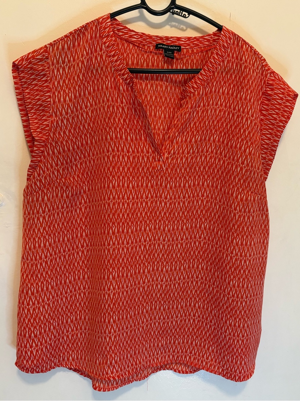 Hilary Radley Red and White Patterned Split V-Neck Tunic Top